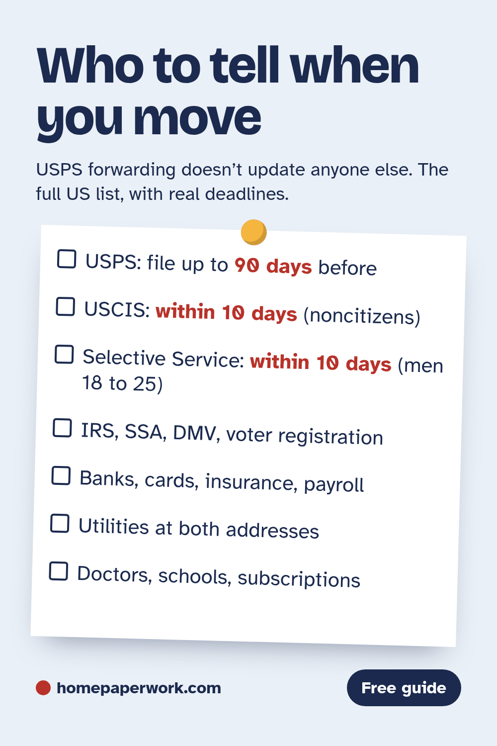 Pinterest image: Who to tell when you move. A US change-of-address checklist with real deadlines, at homepaperwork.com.